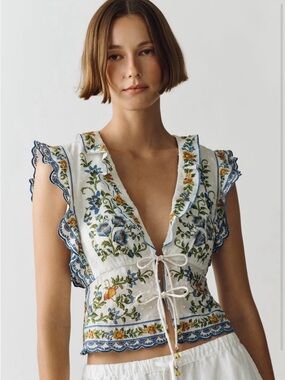 NWT FARM Rio Off-White Emily Floral Tapestry Drawstring Deep V-neck Blouse SZ XS